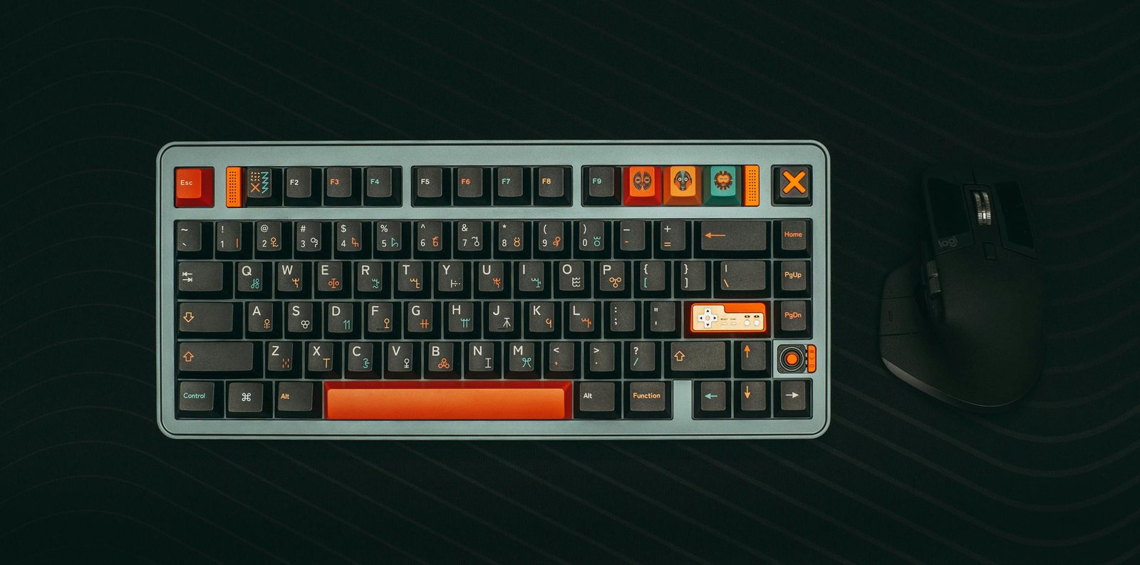 Stylish mechanical keyboard with gaming keys and ergonomic mouse on dark background.
